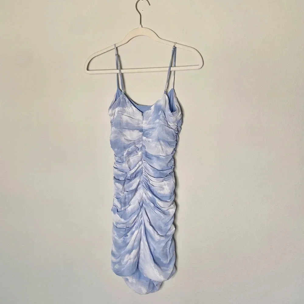 We Wore What REVOLVE Ronnie in Clouds Powder Blue Ruched Bodycon Mini Dress - Picture 9 of 9